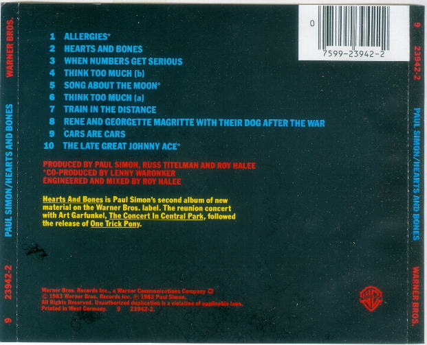 Hearts and Bones Paul Simon 9 23942-2 CD, 1989 